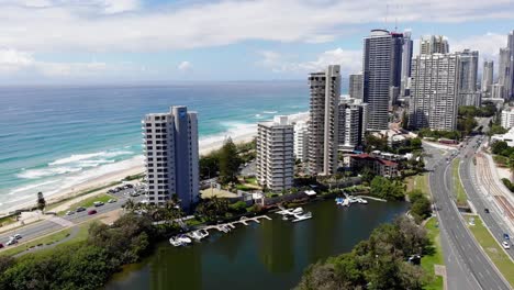 Surfers-Paradise,-Queensland-Australia---February-28-2021:-Aerial-view-of-Narrow-Neck-at-Surfers-Paradise-with-high-rise-and-Pacific-Ocean