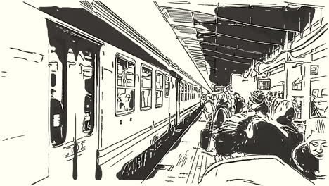 Sketch-animation-of-train-pulling-up-to-crowded-subway-platform-in-Pavia,-Italy