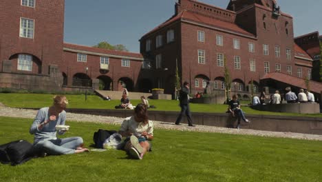 Zwei-Junge-Frauen-Sitzen-Auf-Dem-Rasen,-Essen-Zu-Mittag-Und-Unterhalten-Sich,-Während-Sie-Einen-Sonnigen-Und-Windigen-Sommernachmittag-Genießen