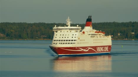 Cineflex-GyroStabilized-pan,-Aerial-shot,-of-the-Viking-Line-Amorella-passenger-ferry,-moving-on-the-baltic-sea,-in-the-Nordic-lakes,-on-a-sunny,-summer-day