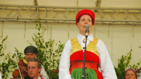 Fröhliche-Und-Lächelnde-Skandinavier-Führen-Einer-Zuschauermenge-Die-Sehr-Traditionelle-Kunst-Des-Volkstanzes-Vor,-Während-Musiker-Geige-Spielen