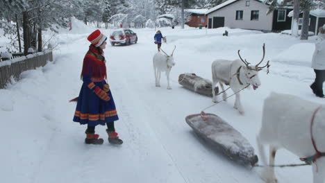 Reindeer-And-Sami-Walking-On-Snowy-Trail