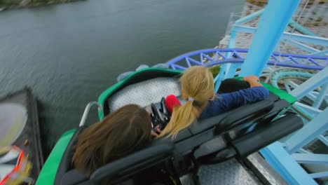 Children-and-enjoy-riding-a-rollercoaster-at-high-speeds-in-an-amusement-park-in-the-summertime