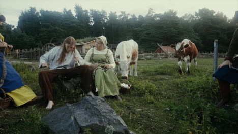 Vikings-socializing-and-interacting-with-each-other-in-a-clam-and-charming-little-village-in-a-viking-age-village-reenactment-in-Sweden
