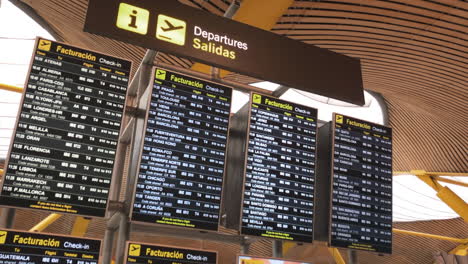 Abfluginformationstabelle,-Die-Passagiere-über-Abflugzeiten-Und-Flugsteige-Ihrer-Flüge-Am-Internationalen-Flughafen-Madrid-Barajas-In-Spanien-Informiert