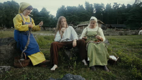 Vikingos-Socializando-E-Interactuando-Entre-Sí-En-Un-Pequeño-Y-Encantador-Pueblo-En-Una-Recreación-De-Un-Pueblo-De-La-época-Vikinga-En-Suecia.