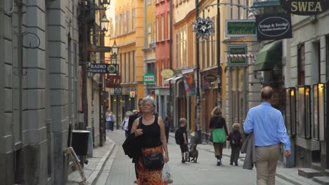 Gente-Caminando-Por-La-Pintoresca-Calle-Peatonal-Del-Casco-Antiguo-De-Estocolmo