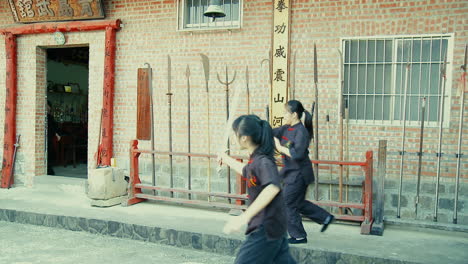 Zwei-Asiatische-Mädchen-Demonstrieren-Kung-Fu-Kampfkunstfähigkeiten,-Herauszoomen