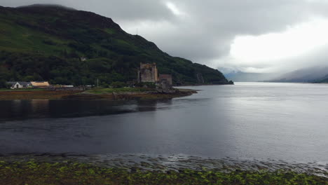 Scottish-Highlands-Loch-Long-drone-shot-of-lake-on-a-cloudy-moody-day