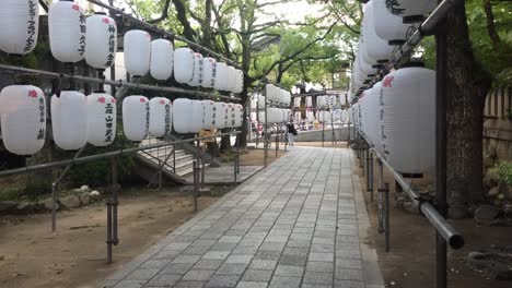 Person-walking-on-path-in-park-with-lanterns-in-Osaka,-Japan