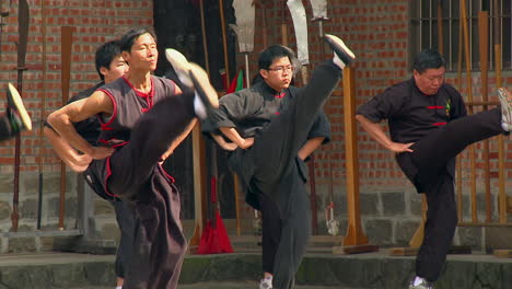 Gruppe-Chinesischer-Kampfkunstmeister,-Die-Trittbewegungen-Ausführen