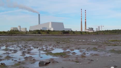 Steam-omitting-from-Covanta's-plant-waste-to-energy-powerstation,-Dublin-beach