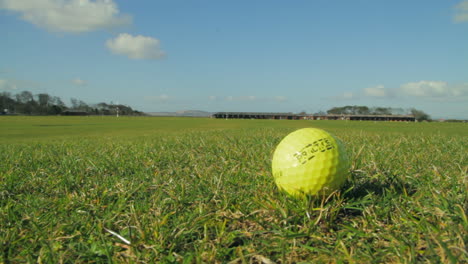 Lockdown-close-up-of-yellow-golf-ball-on-green-field-of-St-Andrews,-Scotland