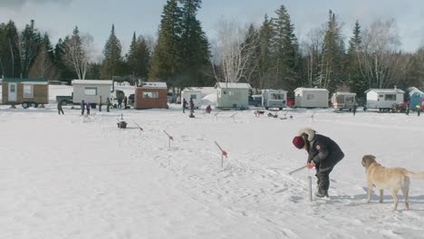 Winzige-Eishütten-Auf-Dem-Zugefrorenen-Weißen-Lake-Megantic-In-Quebec-Mit-Menschen-Mit-Hund