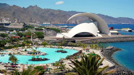 The-Auditorio-De-Tenerife-At-The-Port-Of-Santa-Cruz-De-Tenerife,-Canary-Islands,-Spain-Next-To-The-Atlantic-Ocean---wide-shot