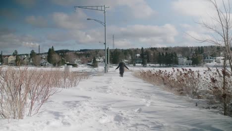 Person-Walking-In-Between-Reeds-Beside-Frozen-White-Lake-Megantic-In-Quebec