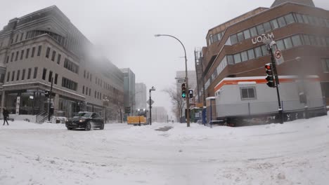 Hyperlapse-POV-Along-Winter-Snow-Covered-Pavements-In-Downtown-Montreal