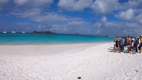 Los-Turistas-Visitan-Una-Playa-De-Arena-Blanca-De-Las-Islas-Galápagos.