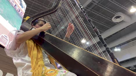 slow-motion-shot-of-harpist-playing-instrument-at-tianguis-turistico