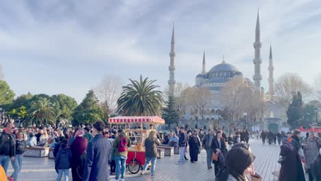 Pulsierendes-Stadtleben-In-Istanbul-Mit-Der-Blauen-Moschee,-Einer-Berühmten-Attraktion-In-Der-Türkei