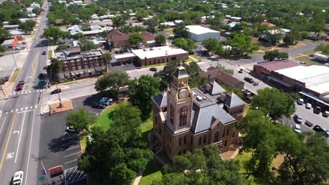 Editorial-Aerial-flying-South-focus-on-Llano-County-Courthouse-in-Llano-Texas