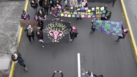 Women-are-displaying-flags-and-signs-in-protest-during-the-march-in-the-International-Women's-day-in-Quito,-Ecuador