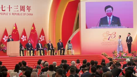 El-Director-Ejecutivo-De-Hong-Kong,-John-Lee,-Pronuncia-Un-Discurso-Durante-La-Ceremonia-De-Celebración-Del-Día-Nacional-Y-El-Aniversario-De-China,-El-Aniversario-De-La-Fundación-De-La-República-Popular-China.