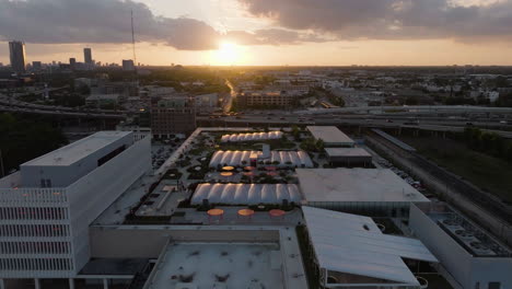 Aerial-view-low-over-the-POST-skylawn,-sunny-morning-in-Houston,-Texas,-USA