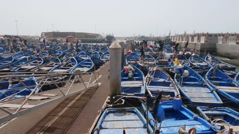 Flotte-Blauer-Fischerboote-Vertäut-Im-Hafen