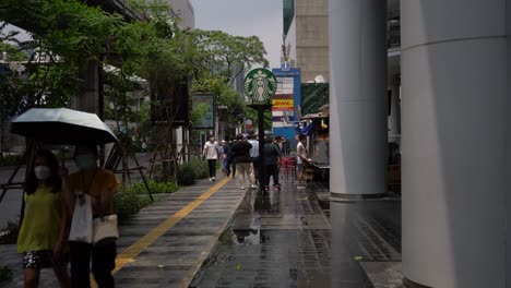 View-of-Starbucks-sign-in-the-middle-of-the-pathway-to-capture-passerby's-attention-in-Silom,-Bangkok,-Thailand