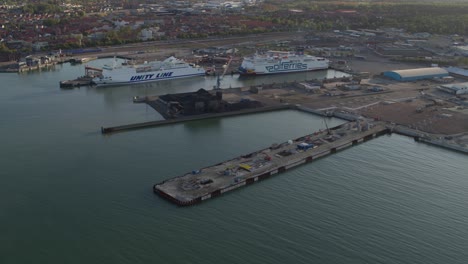 Ferry-Terminal-At-The-Port-Of-Ystad-With-Moored-Ferries-In-Ystad,-Skane-County,-Sweden