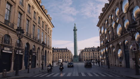 Place-Vendome-Monument-in-City-of-Paris,-Memorial-Column-and-Urban-Street-Architecture