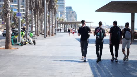 Grupo-De-Amigos-Adolescentes-Caminando-Por-El-Paseo-Marítimo,-Vista-Posterior