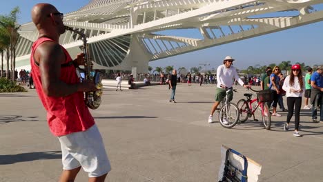 Street-band-at-Praca-Maua,-at-sunset,-in-the-center-of-Rio-de-Janeiro,-Brazil