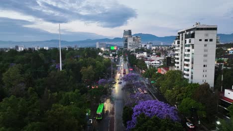 Aerial-view-of-traffic-on-the-streets-of-CDMX,-spring-evening-in-Mexico-city---circling,-drone-shot