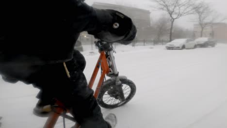 Side-Angle-POV-Of-Courier-Turning-On-Road-During-Heavy-Snow-To-Start-Work-In-Montreal