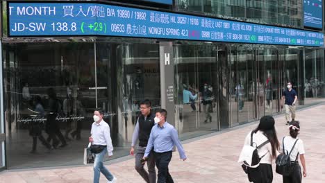 People-walk-past-an-electronic-ticker-board-and-screen-displaying-stock-market-figures-outside-the-Exchange-Square-complex,-which-houses-the-Hong-Kong-Stock-Exchange