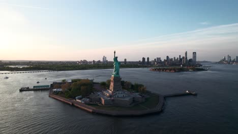 Superlange-Panorama-Drohnenaufnahme-Der-Freiheitsstatue-Und-Von-New-York