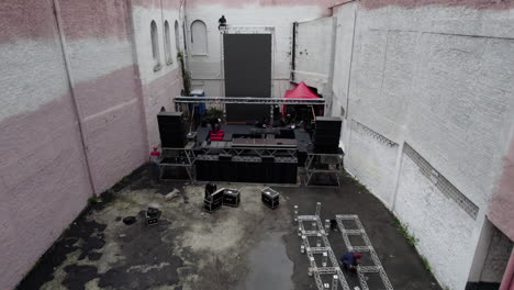 Aerial-view-tilting-over-the-stage-at-the-Carlos-Capslock-festival,-in-Fabriketa,-Sao-Paulo,-Brazil