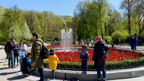 Menschen-Um-Rote-Tulpen-An-Einem-Tanzenden-Brunnen-In-Vilnius,-Schönheit-Des-Frühlings-In-Litauens-Hauptstadt