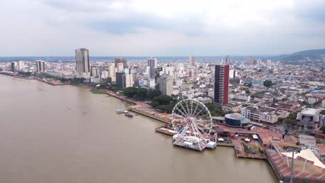 Aerial-view-of-Malecon-Simon-Bolivar-in-Guayaquil,-a-recreational-and-tourist-attraction-place-with-landmarks,-ferris-wheel-and-walking-space-for-local-people-and-tourists
