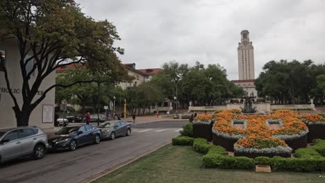 UT-flower-bed-with-the-Main-Building-in-the-background-on-the-campus-of-the-University-of-Texas-in-Austin,-Texas-with-gimbal-video-panning-left-to-right
