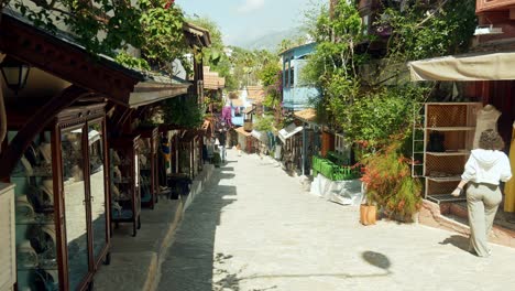 Exploring-beautiful-quaint-sunny-cobbled-streets-of-Kas-holiday-town-Turkey