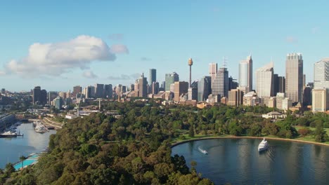 Sydney,-New-South-Wales,-Australia---25-December-2021:-Aerial-over-the-Sydney-Botanical-Gardens-with-the-high-rise-buildings-of-Sydney-City-in-the-background