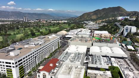 Universal-Studios-famous-lot-in-Los-Angeles,-California,-Aerial-rising