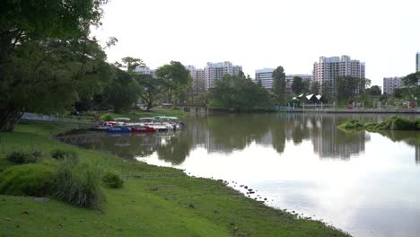 Tranquil-view-of-the-lake-with-reflection-of-the-residential-estate-on-the-calm-water-in-Jurong-Lake-Gardens,-Singapore