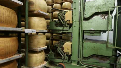 The-robot-in-the-cheese-factory-storage-automatically-turns-ageing-wheels-maturing-in-the-shelves