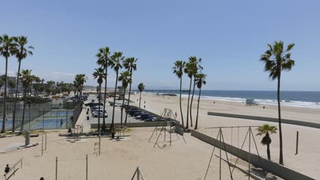 Aerial-view-over-the-Muscle-Beach-Playground-at-the-Venice-beach,-sunny-day-in-Los-Angeles,-USA