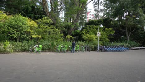 Punto-De-Vista-De-Una-Persona-Parada-Frente-Al-Espacio-De-Estacionamiento-De-Bicicletas-Alquilado-En-Los-Jardines-Del-Lago-Jurong,-Singapur