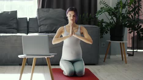 Mujer-Embarazada-Tranquila-Haciendo-Yoga-En-Línea-En-Casa-En-Postura-De-Loto